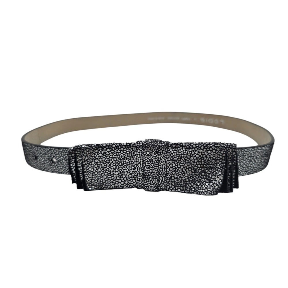 Lodis Womens L Black Silver Metallic Leather Bow Double Stud Skinny Belt